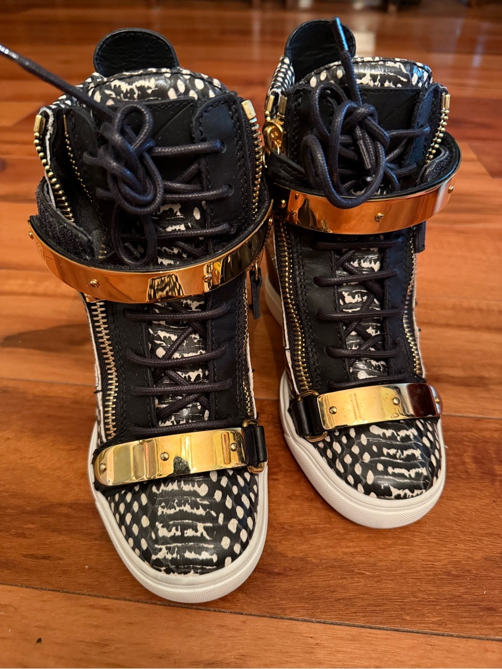 Giuseppe Zanotti Black White Patterned High-Top Sneakers with Gold Hardware
